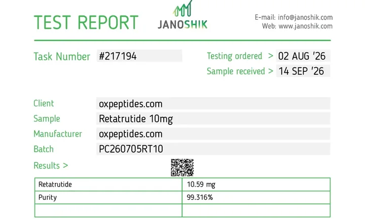 Rapport d'analyse Janoshik 217194, Retatrutide 10 mg : 10,59 mg, pureté 99,316 %